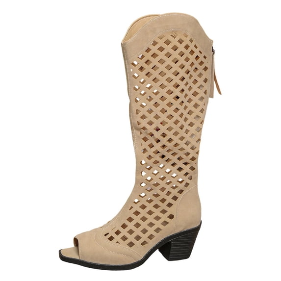 hopeusnice Perforated Peep Toe Square Heel Western Boots Women Suede Upper Back Zipper Summer Booties Beige 43