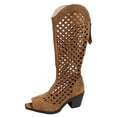 thumbnail image 1 of hopeusnice Perforated Peep Toe Square Heel Western Boots Women Suede Upper Back Zipper Summer Booties Brown 41, 1 of 9