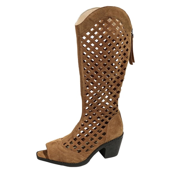 hopeusnice Perforated Peep Toe Square Heel Western Boots Women Suede Upper Back Zipper Summer Booties Brown 41