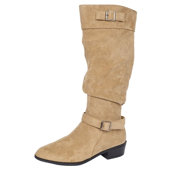 hopeusnice Pointed Toe Double Buckle Slouch Low Heel Mid Calf Boots Women Suede Casual Boots for Vacation Khaki 36