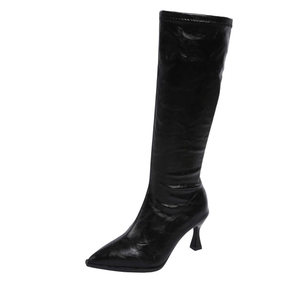 hopeusnice Pointed Toe Knee High Boots Women Leather Dress Boots for Party Black 36