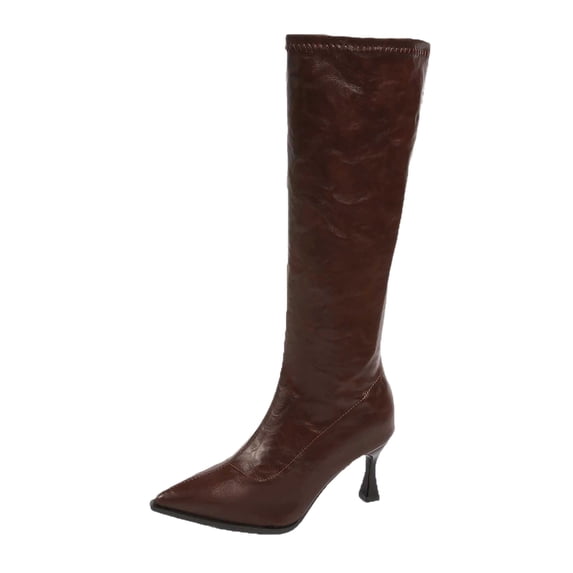 hopeusnice Pointed Toe Knee High Boots Women Leather Dress Boots for Party Brown 39