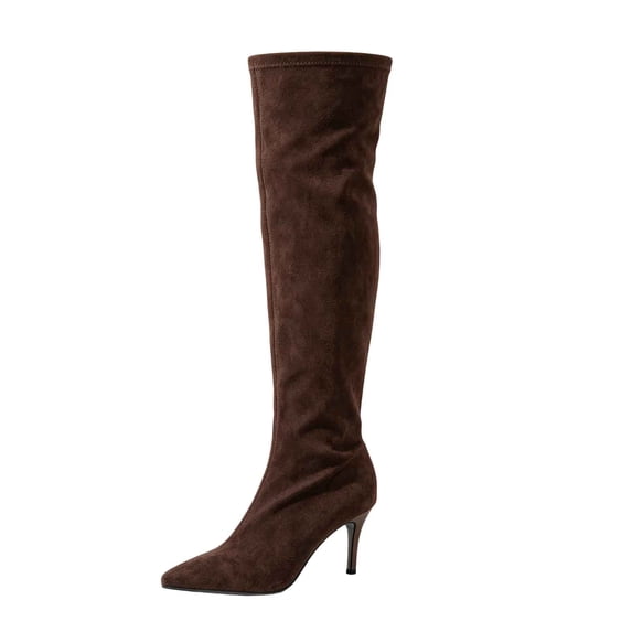 hopeusnice Pointed Toe Knee High Boots Women Suede Stretch Boots for Party Coffee 42