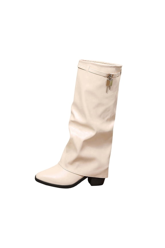 Pointed Toe Lock Embellished Slouch Mid Calf Boots Women Leather Decorative Boots for Party Beige 36