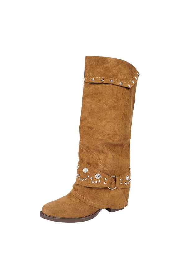 Pointed Toe Star Buckle Wedge Mid Calf Boots Women Suede Bohemian Boots for Vacation Brown 42