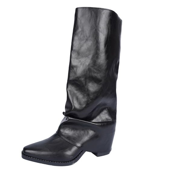 hopeusnice Pointed Toe Wedge Slouch Mid Calf Boots Women Leather Flat Boots for Evening Outfits Black 36