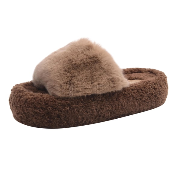 hopeusnice Rhinestone Decor Furry Slipper Women Open Toe Indoor Footwear Khaki 40