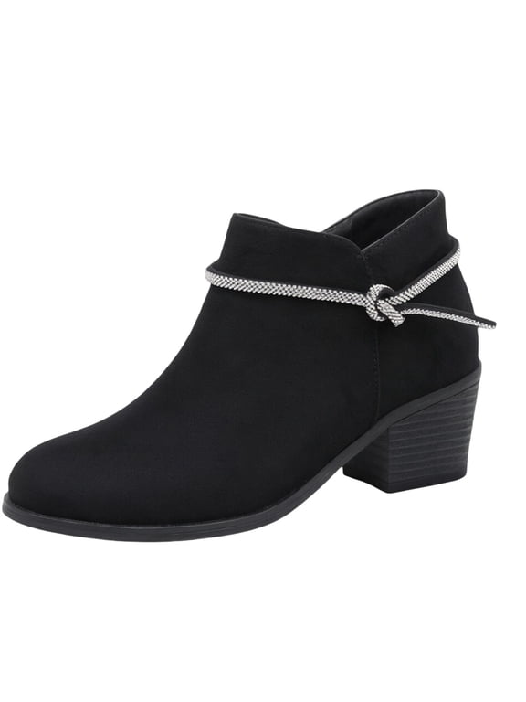 Rhinestone Rope Knot Square Heel Ankle Boots Women Suede Upper Round Toe Daily Booties Black 36
