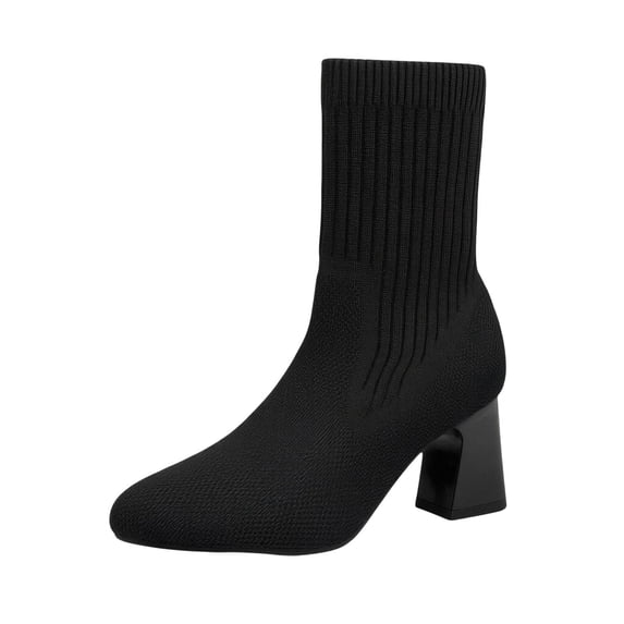 hopeusnice Ribbed Knit Square Heel Ankle Boots Women Stretch Sock Style Modern Booties Black 35
