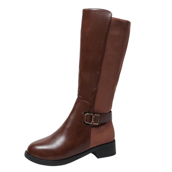 hopeusnice Round Toe Buckle Color Block Knee High Boots Women Mixed Material Block Heel Boots for Daily Brown 42