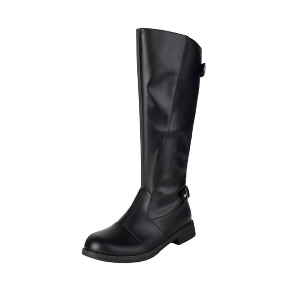 hopeusnice Round Toe Buckle Knee High Boots Men Leather Block Heel Boots for Daily Wear Black 38