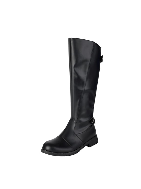 Round Toe Buckle Knee High Boots Men Leather Block Heel Boots for Daily Wear Black 38