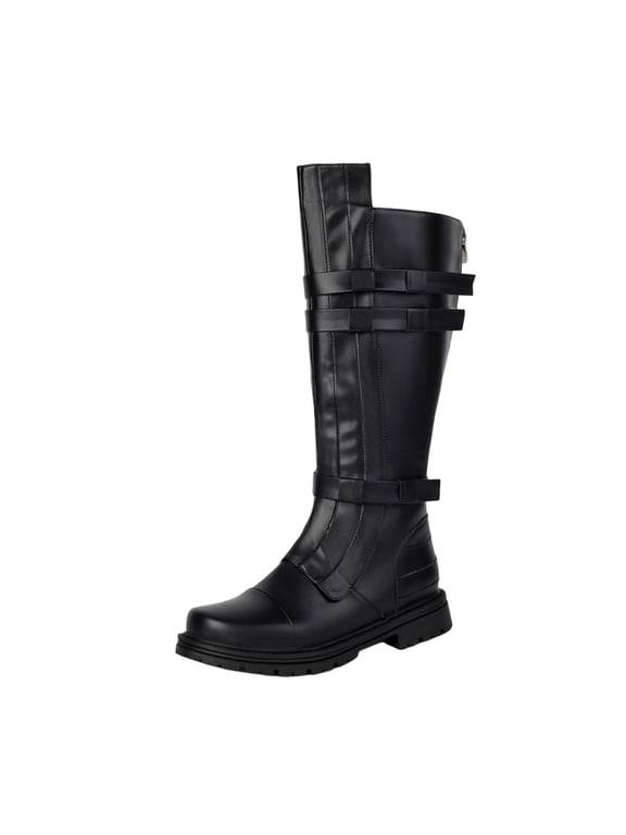 Round Toe Buckle Knee High Boots Men Leather Gothic Boots for Cosplay Black 38