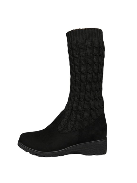 Round Toe Cable Knit Panel Wedge Mid Calf Boots Women Mixed Material Warm Boots for Fall Black 40