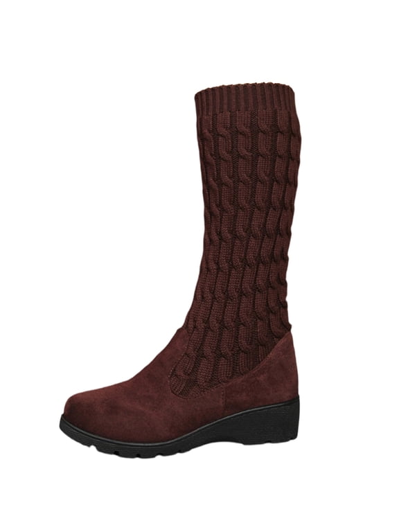 Round Toe Cable Knit Panel Wedge Mid Calf Boots Women Mixed Material Warm Boots for Fall Brown 36