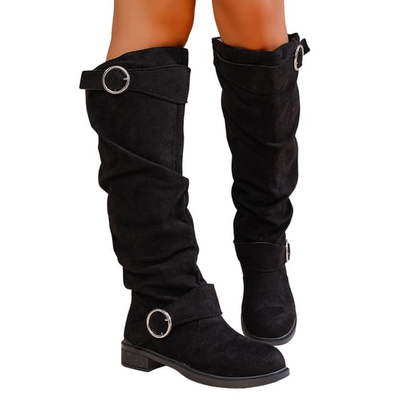 hopeusnice Round Toe Double Buckle Slouch Knee High Boots Women Suede Block Heel Boots for Vacation Black 35