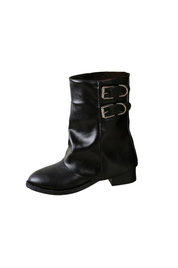 Round Toe Double Buckle Slouch Mid Calf Boots Women Leather Block Heel Boots for Evening Black 42