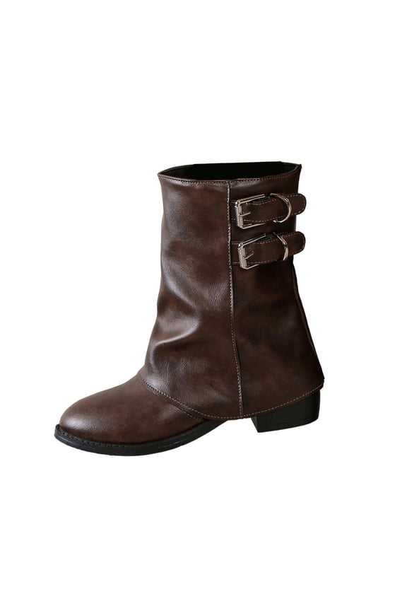 Round Toe Double Buckle Slouch Mid Calf Boots Women Leather Block Heel Boots for Evening Brown 36