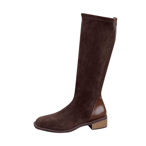hopeusnice Round Toe Elastic Knee High Boots Women Suede Block Heel Boots for Fall Winter Coffee 38