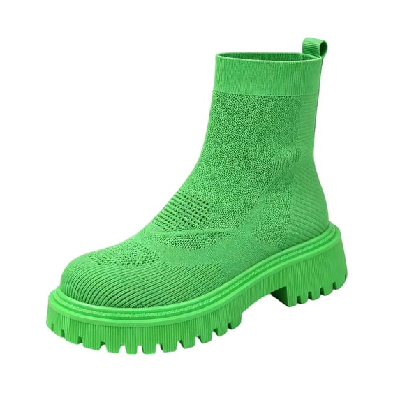 hopeusnice Round Toe Knit Ankle Boots Women Breathable Chunky Boots for Street Style Green 36
