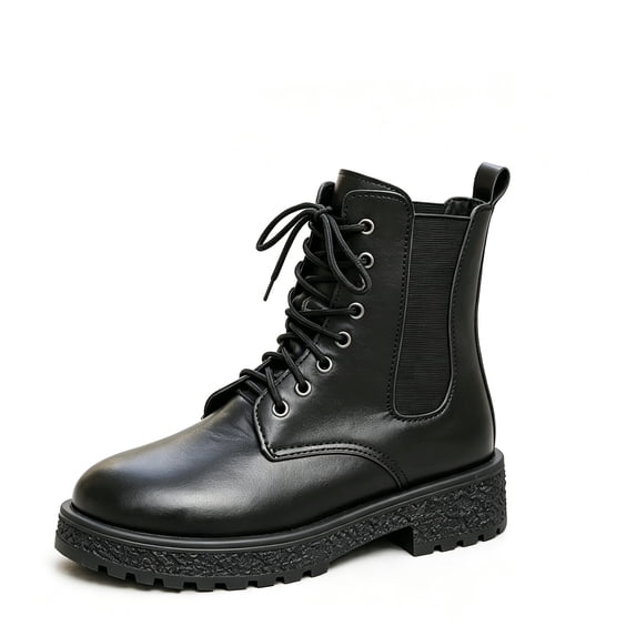 hopeusnice Round Toe Lace Up Elastic Panel Ankle Boots Women Leather Boots for Club Black 35