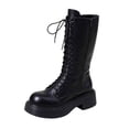 thumbnail image 1 of hopeusnice Round Toe Lace Up Side Zipper Knee High Boots Women Leather Boots for Street Style Black 35, 1 of 6