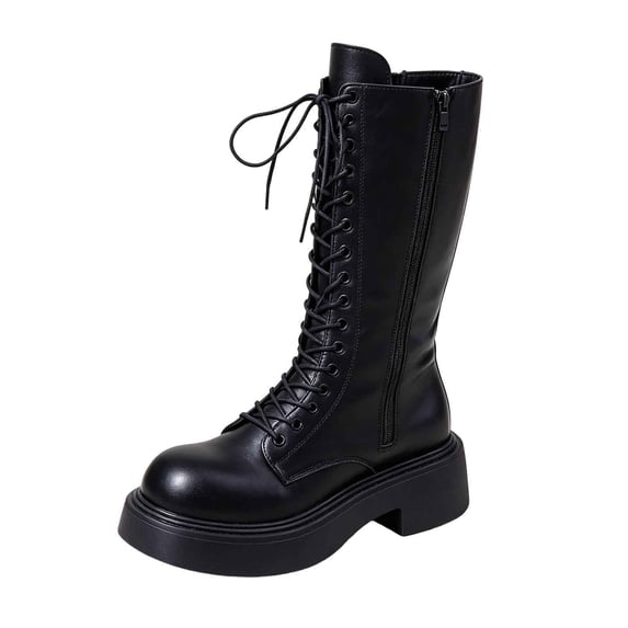 hopeusnice Round Toe Lace Up Side Zipper Knee High Boots Women Leather Boots for Street Style Black 35