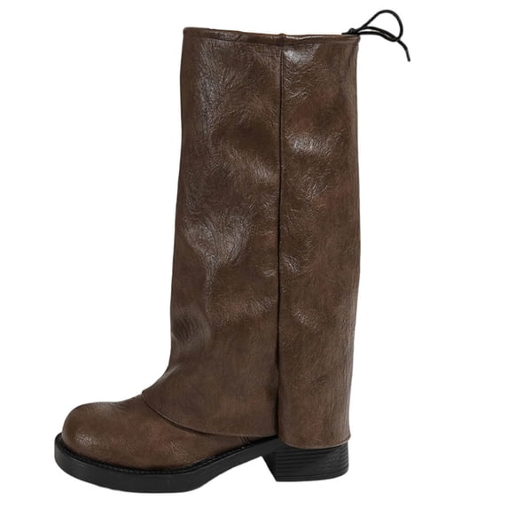 hopeusnice Round Toe Lace Up Slouch Mid Calf Boots Women Leather Chunky Boots for Fashion Outfits Khaki 37