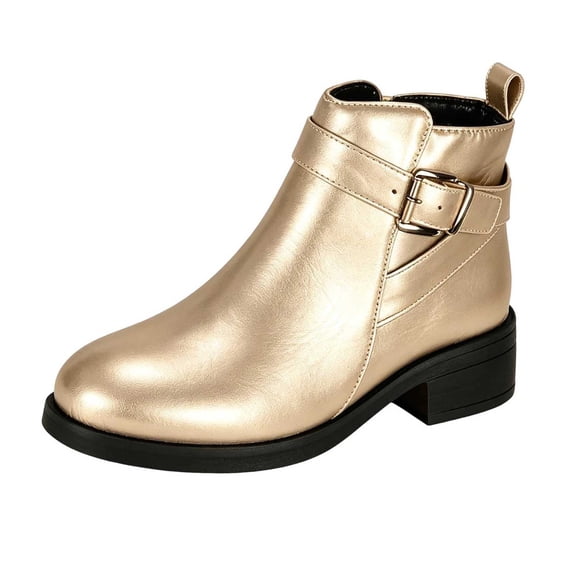 hopeusnice Round Toe Side Zipper Buckle Ankle Boots Women Chunky Heel Boots for Casual Gold 41