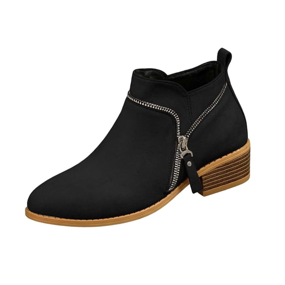 hopeusnice Round Toe Side Zipper Chunky Heel Ankle Boots Women Suede Block Heel Boots for Work Black 38