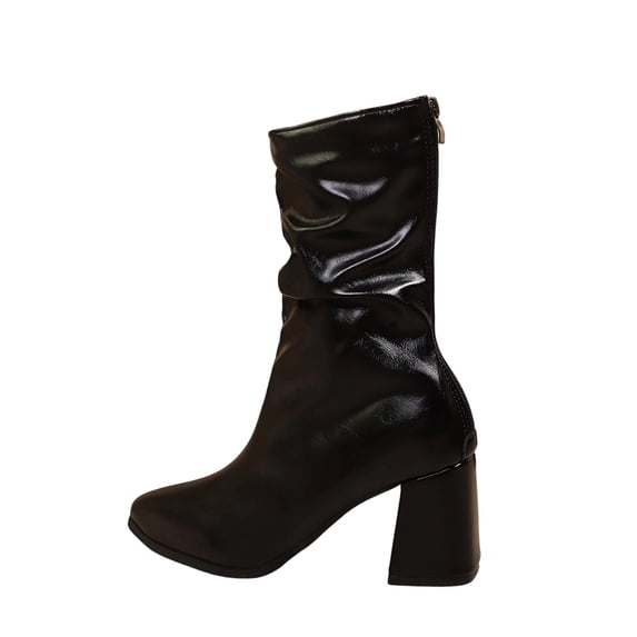 hopeusnice Ruched Block Heel Mid Calf Boot Square Toe Back Zipper Closure Casual Daily Boot Black 36