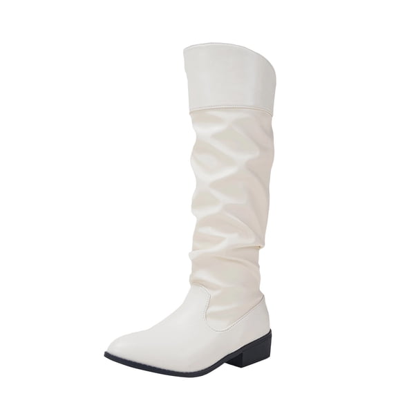 hopeusnice Ruched Low Heel Knee High Boot Round Toe Slouchy Design Pull On Style Casual Daily Boot White 36