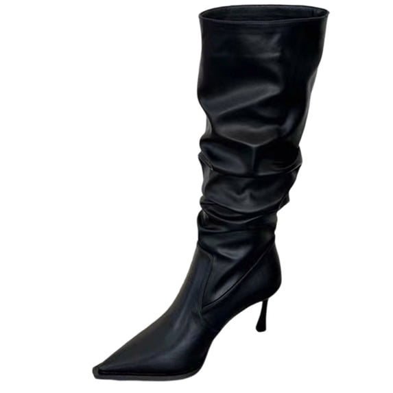 hopeusnice Ruched Pointed Toe Knee High Boot Leather Upper On Style Fashion Night Out Boot Black 40