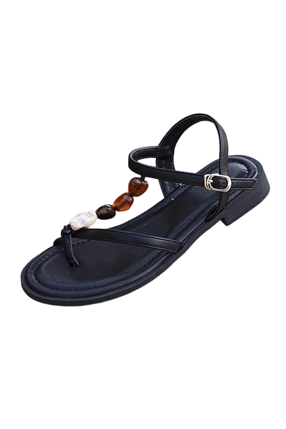 Shell Bead Thong Slingback Flat Sandal Women Boho Casual Summer Footwear Black 39