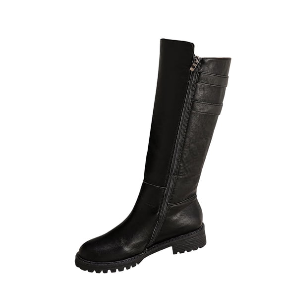 hopeusnice Side Zipper Low Heel Knee High Boot Round Toe Sole Riding Style Winter Boot Black 36