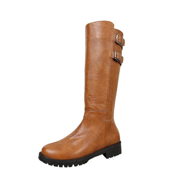 hopeusnice Side Zipper Low Heel Knee High Boot Round Toe Sole Riding Style Winter Boot Brown 40