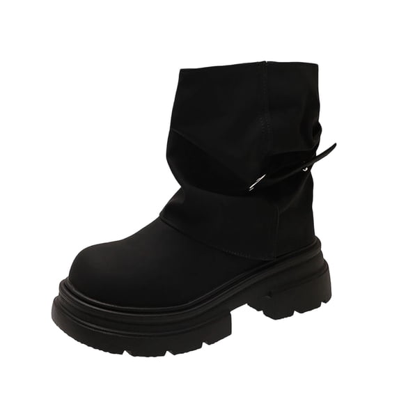 hopeusnice Slouchy Buckle Mid Calf Boot Round Toe Chunky Sole On Design Street Style Boot Black 35