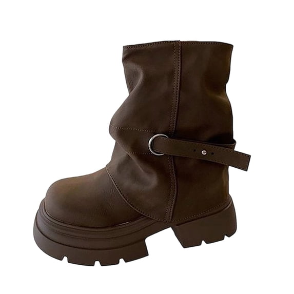 hopeusnice Slouchy Buckle Mid Calf Boot Round Toe Chunky Sole On Design Street Style Boot Brown 37