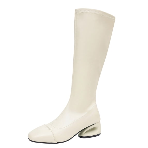 hopeusnice Square Heel Square Toe Knee High Boot Stretch Fabric On Commute Style Boot Beige 36