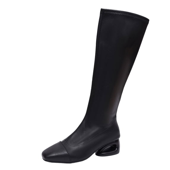 hopeusnice Square Heel Square Toe Knee High Boot Stretch Fabric On Commute Style Boot Black 38