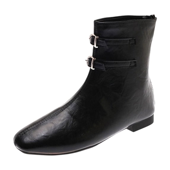 hopeusnice Square Toe Double Buckle Back Zipper Low Heel Ankle Boots Women Leather Casual Boots for Work Black 35
