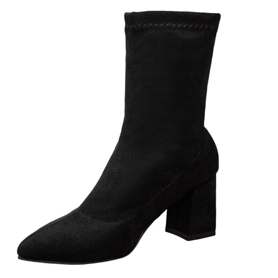 hopeusnice Suede Square Heel Pointed Toe Sock Boots Women Stretch Upper Elegant Evening Booties Black 40