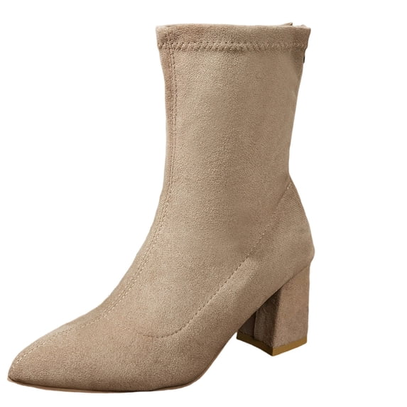 hopeusnice Suede Square Heel Pointed Toe Sock Boots Women Stretch Upper Elegant Evening Booties Khaki 41