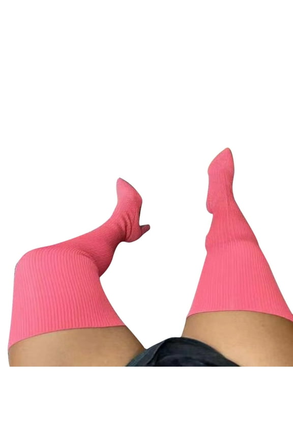 Thigh High Strentch Knitted Boots for Women Over The Knee High Stocking Boots Fashion Chunky High Heel Sock Boots Pink 37