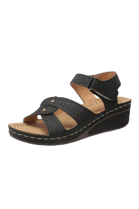 Wedge Sport Sandals for Women with Arch Support Soft Sole Orthopedic Fish Mouth Sandals with Hook Loop Ankle Strap Summer Outdoor Slip Wide Walking Shoes Black 39
