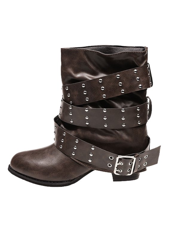 Women Ankle Boot Round Toe Pull On Multi Strap Decor Low Block Heel Shoe For Music Show Brown 37