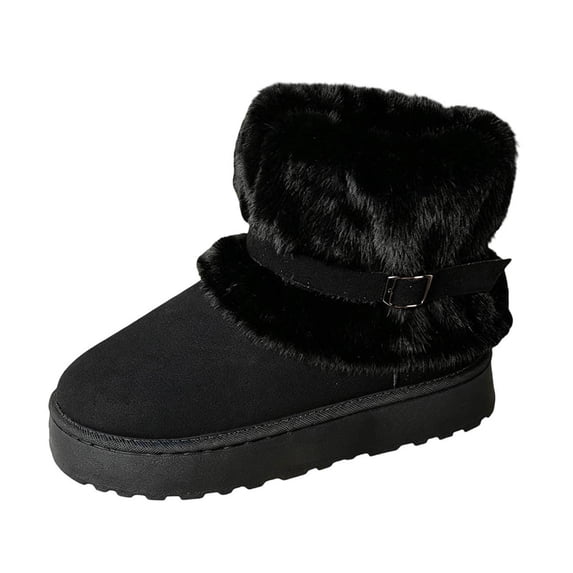 hopeusnice Women Ankle Snow Boots With Buckle Closure Faux Fur Lining Suede Upper Thick Sole For Cold Winter And Ski Trips Black 36