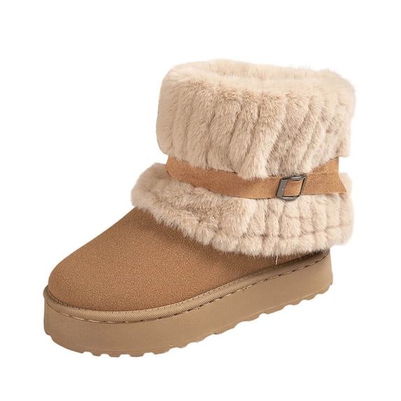 hopeusnice Women Ankle Snow Boots With Buckle Closure Faux Fur Lining Suede Upper Thick Sole For Cold Winter And Ski Trips Brown 42