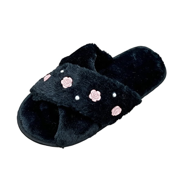 Pink Roses With Perlas hopeusnice Women Fuzzy Slide Slippers Open Toe Cross Strap Rose ...