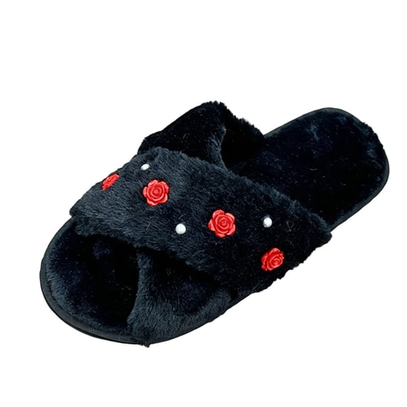 Pink Roses With Perlas hopeusnice Women Fuzzy Slide Slippers Open Toe Cross Strap Rose ...